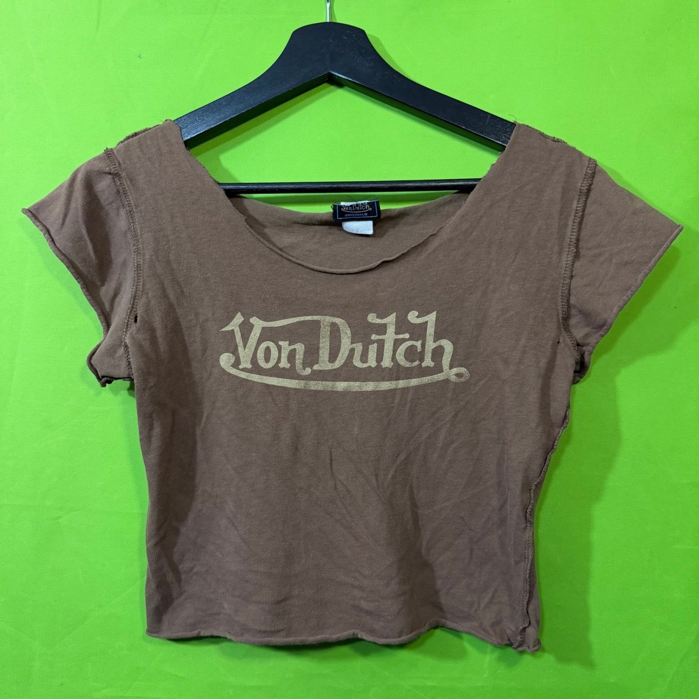 XSmall Von Dutch Originals Brown Cropped Baby Tee Y2K Logo Cap Sleeve Shirt